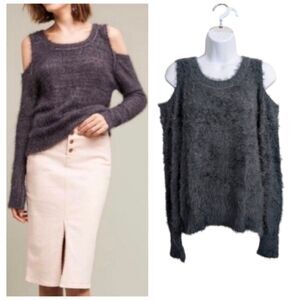 Moth by Anthropologie Bienne Gray Chenille Eyelash Fuzzy Sweater Cold Shoulder L